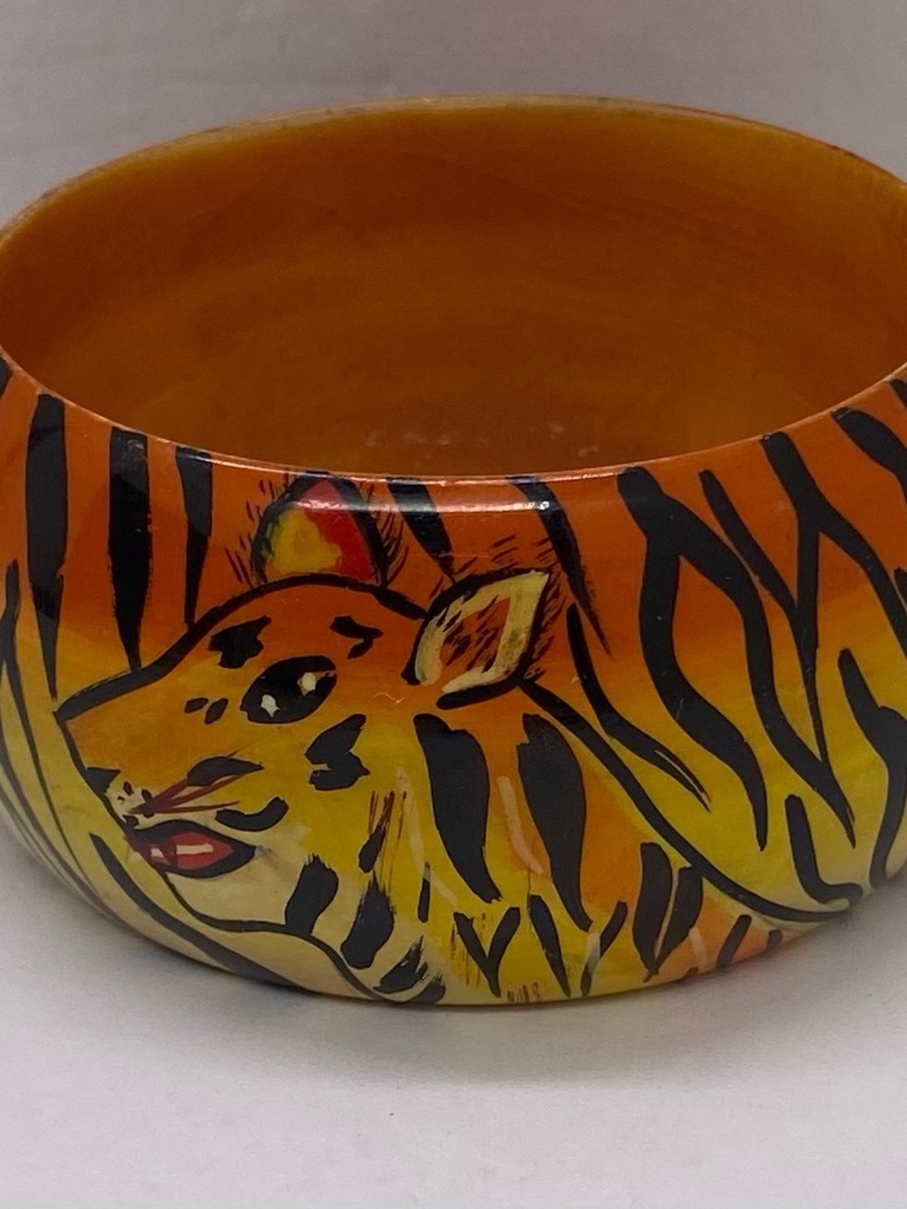 Vintage Wood Bangle Orange and Black Hand Painted Tiger Bracelet